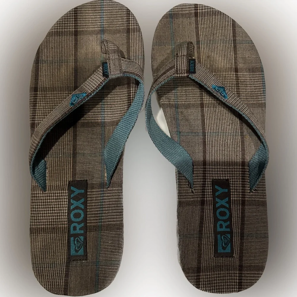 VTG Y2K ROXY FALL FLIP FLOPS SZ8 MENSWEAR VIB BROWN TEAL PLAID THONG SANDAL COOL